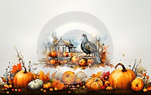 Thanksgiving day with pumpkins and turkey drawing background