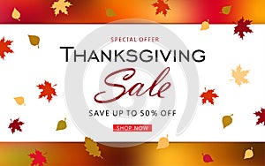 Thanksgiving day sale banner background with fall leaves.