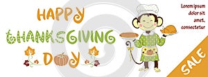 Thanksgiving day sale banner with cute monkey