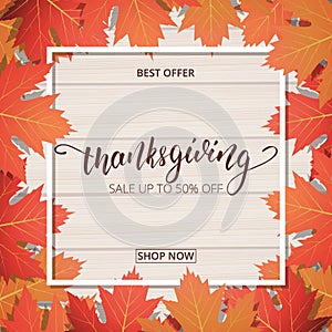 Thanksgiving Day sale banner. Hand lettering on the wooden background with trendy autumn foliage