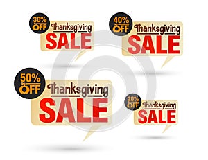 Thanksgiving day sale tag speech bubble set. Sale 20%, 30%, 40%, 50% off discount