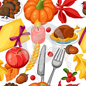 Thanksgiving Day seamless pattern. Ornament with autumn and holiday objects