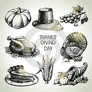 Thanksgiving Day set. Hand drawn vintage illustrations