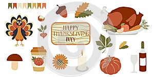 Thanksgiving day set with Turkey, Pumpkin, Wine, Autumn leaves, Mushroom. Traditional symbols of Season holiday, Vector Flat