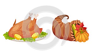 Thanksgiving day symbols set. Cornucopia and roasted turkey vector illustration