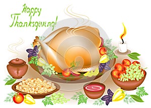 Thanksgiving Day. On the table, a delicious roast turkey, fruit, apples, mushrooms, pepper and sauce, fruit and a candle. Symbol