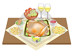 Thanksgiving Day. On the table is delicious roast turkey, two glasses of wine, fruit, apples, mushrooms, pepper and sauce. Holiday