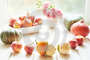 Thanksgiving Day table. Happy Halloween. Pumpkins, apples and flowers. Bright autumn background. Colorful autumn card. Autumn