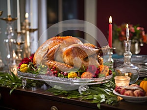 Thanksgiving Day table in a living room with turkey, wine, candles and Thanksgiving day foods prepared for celebration, front view