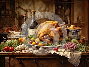 Thanksgiving Day table with turkey, wine, cranberries, seasonal vegetables and fruits and other Thanksgiving day foods on wooden