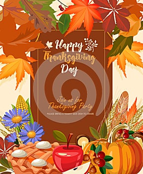 Thanksgiving day. Thanksgiving party poster with bright background. Harvest festival