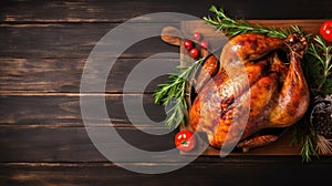 thanksgiving day, traditional baked golden turkey on a wooden table, top view, copy space, banner