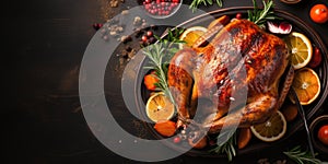 thanksgiving day, traditional baked golden turkey on a wooden table, top view, copy space on the right, banner