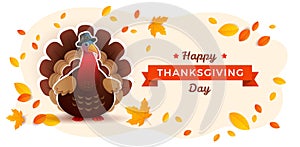 Thanksgiving Day turkey banner with Thanksgiving turkey cartoon cute character, fall foliage, yellow leaves, and Happy