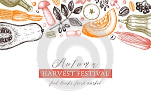 Thanksgiving day vector design. Autumn harvest festival vintage background. Fall season backdrop with hand drawn berries, fruits,