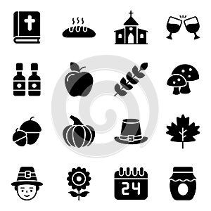 Thanksgiving day vector glyph icons set. Modern glyph symbols. Collection of traditional holiday elements