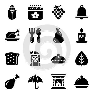 Thanksgiving day vector glyph icons set. Modern glyph symbols. Collection of traditional holiday elements