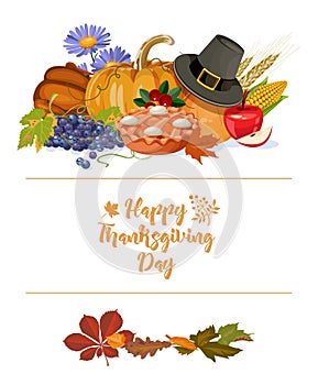 Thanksgiving day. Vector greeting card with autumn fruit, vegetables, leaves and flowers. Harvest festival