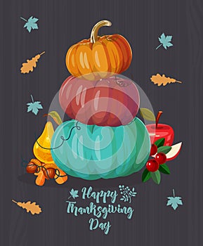 Thanksgiving day. Vector greeting card with autumn fruit, vegetables, pumpkins, leaves and flowers. Harvest festival