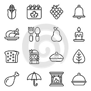 Thanksgiving day vector outline icons set. Modern thin line symbols. Collection of traditional holiday elements