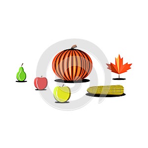 Thanksgiving Day vegetables fruits products set icon pumpkin, apple, pear, corn, maple leaf illustration