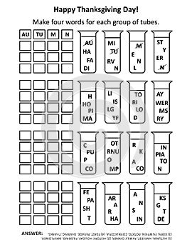 Thanksgiving Day word game: Compose four words for each group of test-tubes by taking a letter or combination of letters from each
