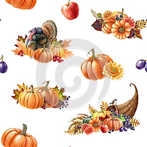 Thanksgiving decor elements seamless pattern. Watercolor illustration. Autumn floral festive decor from cornucopia