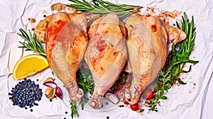 Thanksgiving delight, Goose feet seasoned with spices on parchment