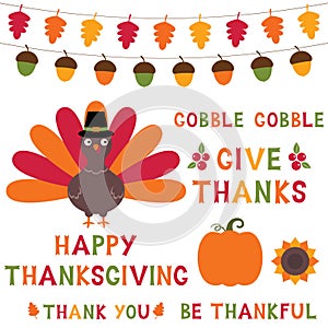 Thanksgiving design elements set, text in hand lettered font