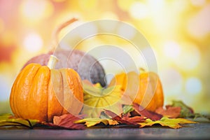 Thanksgiving dinner and autumn decoration and light background festive bokeh - Autumn table setting with pumpkins holiday