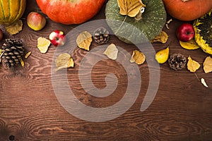 Thanksgiving dinner. Autumn fruits, vegetable with plate and cutlery. Thanksgiving autumn background. Flat lay, top view