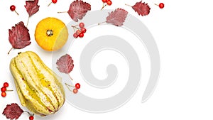 Thanksgiving dinner. Autumn Natural food with orange pumpkin, fall dried leaves, rowan berries isolated on white background.