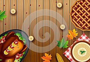 Thanksgiving dinner background with turkey and all sides dishes, pumpkin pie, fall leaves and seasonal autumnal decor on wooden