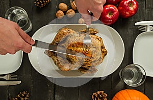 Thanksgiving dinner composition, with roasted chicken or turkey and hand with a knife carving the meat.