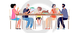 Thanksgiving dinner. Family together, isolated parents and children eating salad turkey. Festive lunch vector concept