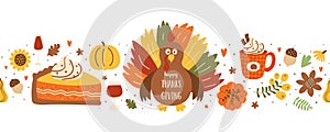 Thanksgiving dinner horizontal seamless border with turkey, pumpkin pie, pumpkin spice latte, autumn leaves, sunflower