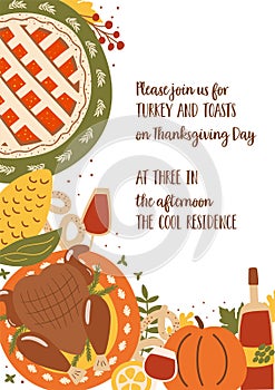 Thanksgiving dinner invitation template with thanksgiving turkey, pumpkin pie, food, table setting design. Cute autumn festival
