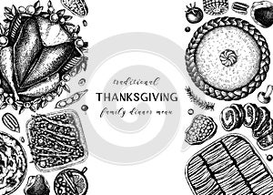 Thanksgiving dinner menu design. With roasted turkey, cooked vegetables, rolled meat, baking cakes and pies sketches. Vintage