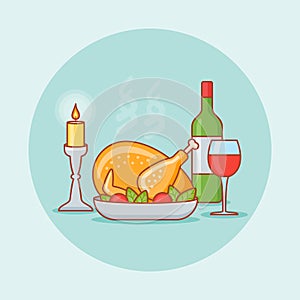 Thanksgiving dinner with roasted turkey, bottle and glass of wine