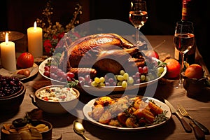 Thanksgiving dinner with roasted turkey and wine on wooden table, horizontal, Rustic Thankgiving Dinner, AI Generated