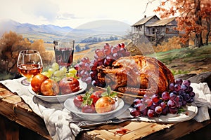 Thanksgiving dinner with roasted turkey and wine on wooden table, panoramic banner generative AI animal ai