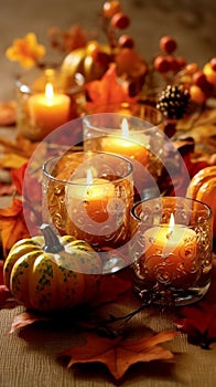 Thanksgiving dinner on a rustic style table decorated with pumpkins, vegetables, pie, flowers and candles created with