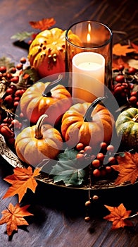 Thanksgiving dinner on a rustic style table decorated with pumpkins, vegetables, pie, flowers and candles created with