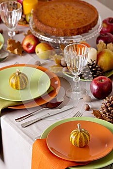 Thanksgiving dinner. Seasonal table setting with autumn leaves,