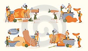 Thanksgiving dinner set of people preparing food, vector illustration isolated.