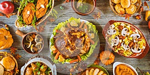 Thanksgiving dinner setting on rustic wooden table