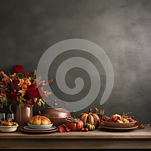 thanksgiving dinner table with autumn flowers and pumpkins on wooden table against black wall