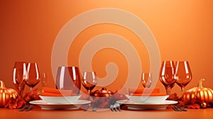 thanksgiving dinner table with orange background and pumpkins