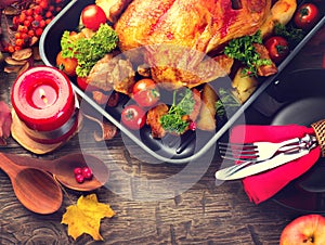 Thanksgiving dinner table served with turkey