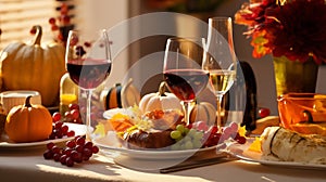 Thanksgiving dinner table with thanksgiving day food and wine, in the style of light red and beige